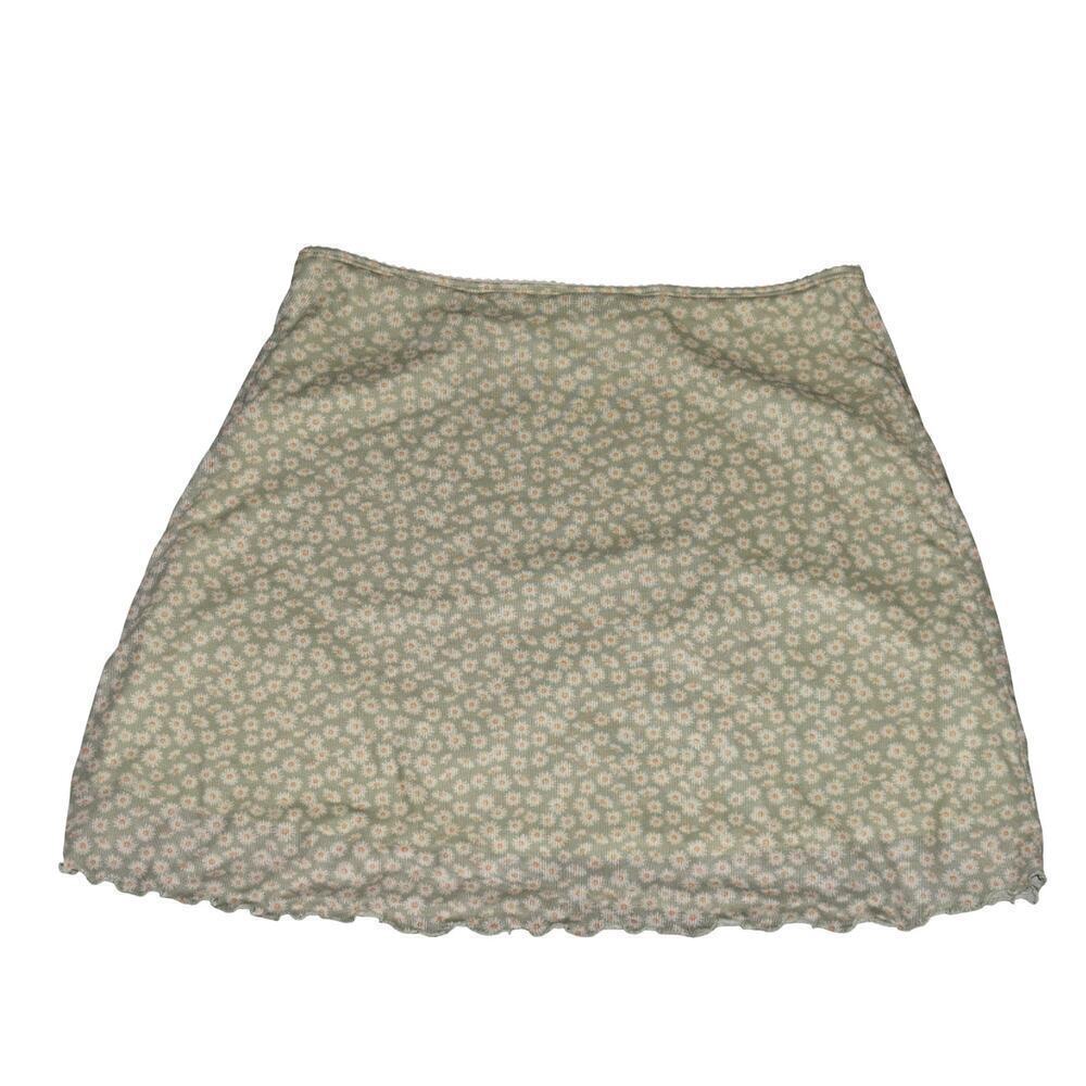 RSQ Green Floral Daisy Mini Skirt Ribbed Knit Lined Lettuce Hem Women’s XL